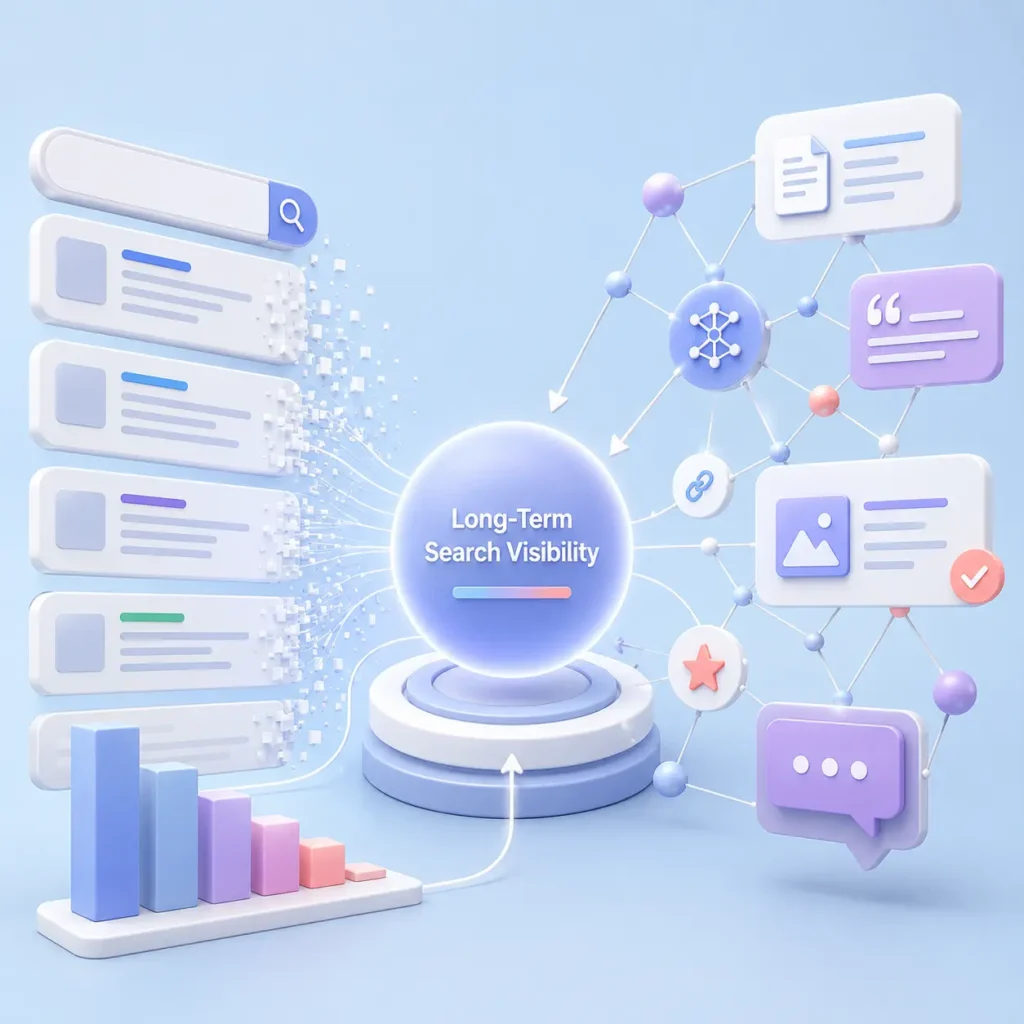 3D illustration showing SEO evolving from traditional rankings towards AI-driven search visibility and retrieval systems