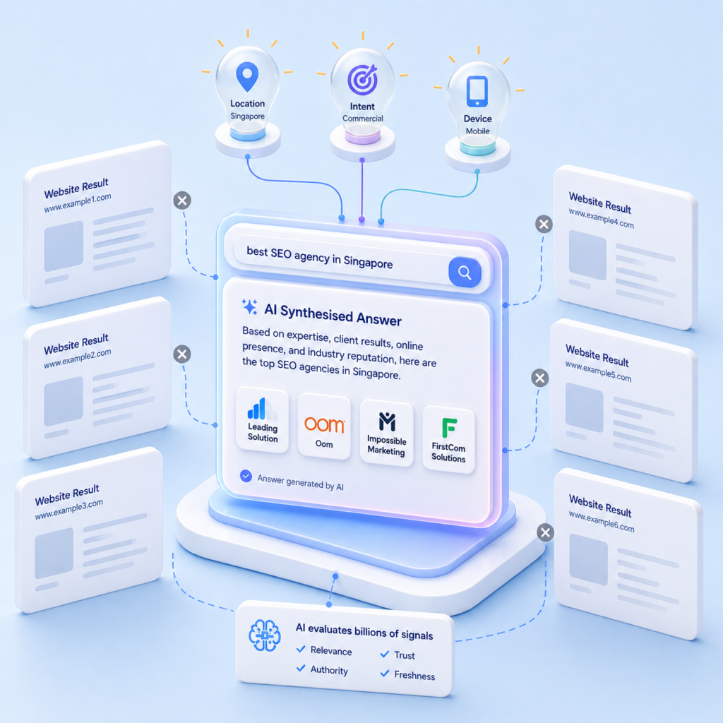 3D illustration showing AI-generated search answer with selected brands and filtered results