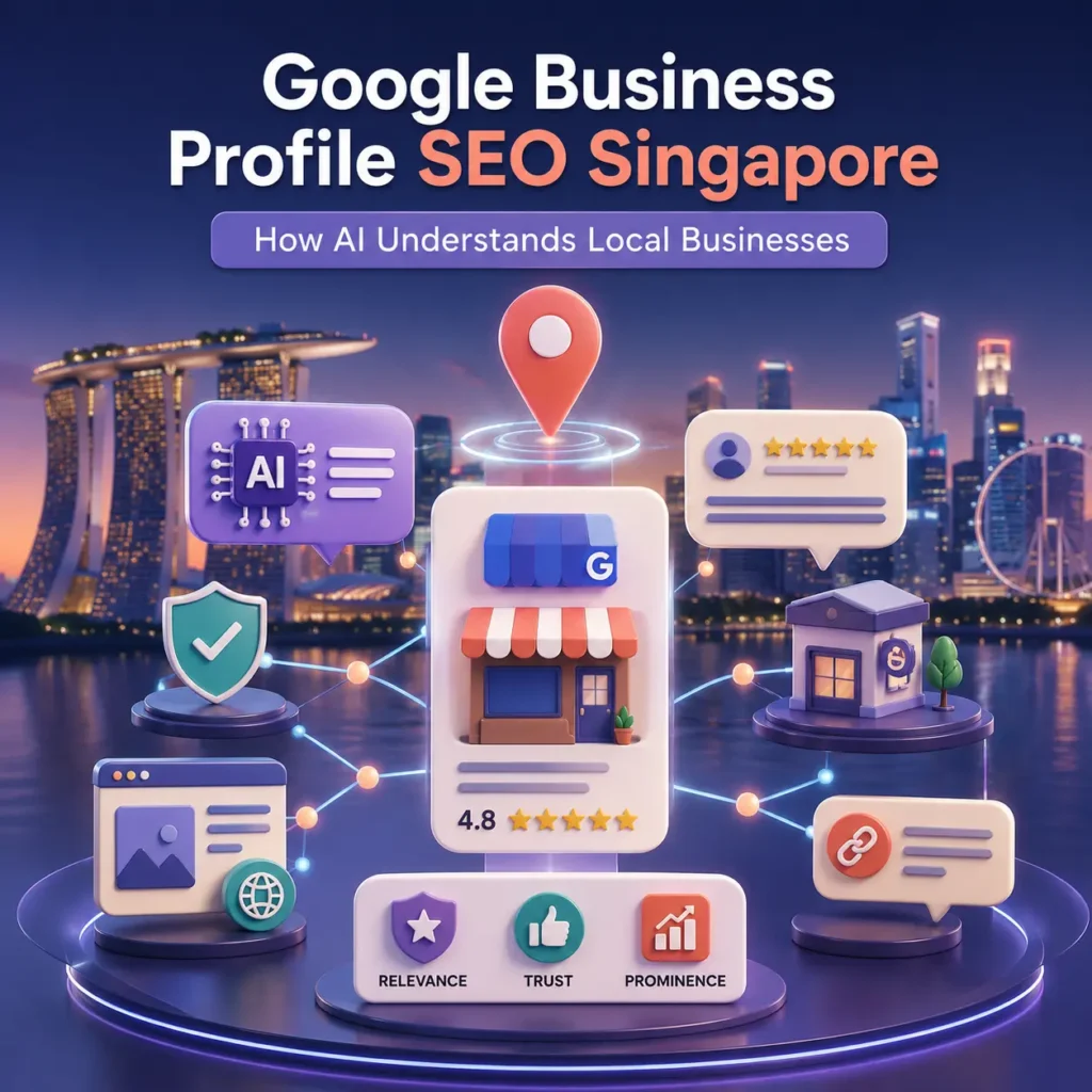 3D illustration showing AI search, Google Maps, reviews and local businesses connected through digital signals in Singapore