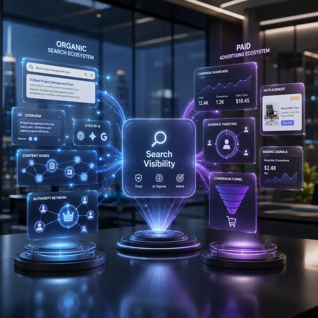3D infographic showing AI search interfaces with summaries, citations and brand mentions where visibility flows into limited website clicks and later influences awareness, research and purchase decisions.