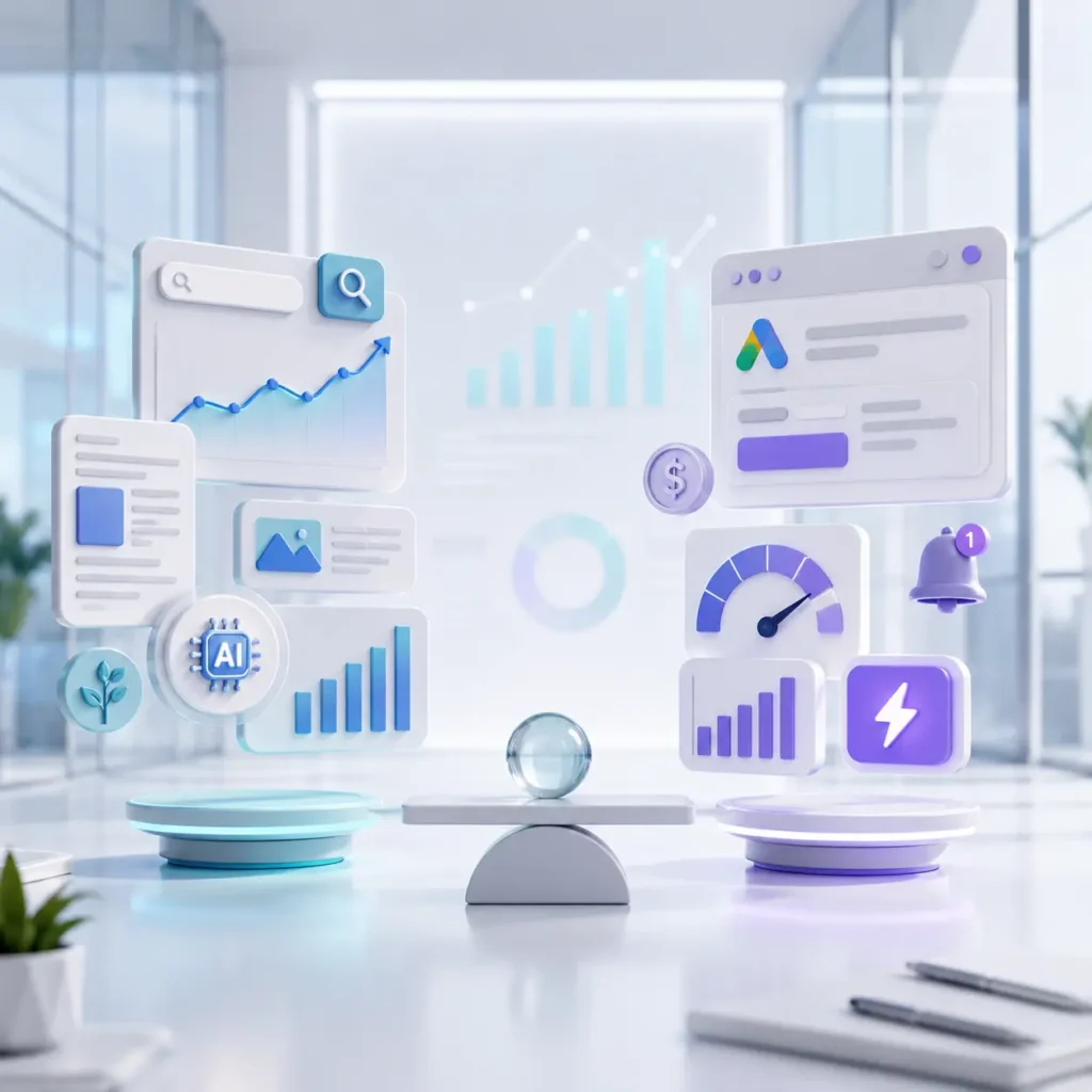 3D illustration showing a balance scale between AI-powered SEO visibility and traditional digital marketing channels including Google Ads, content marketing, analytics and automation.