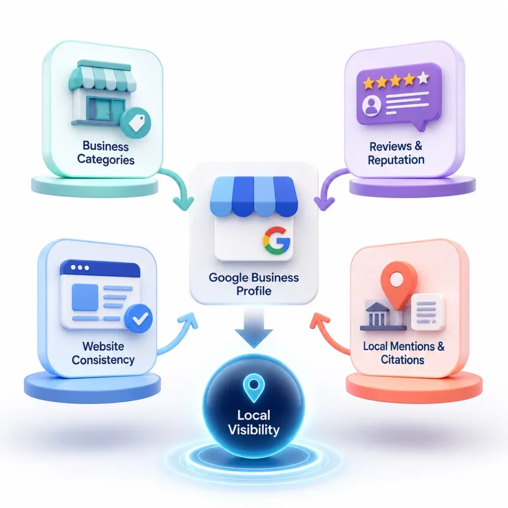 Minimal 3D infographic showing categories, reviews, website consistency and citations as local ranking signals