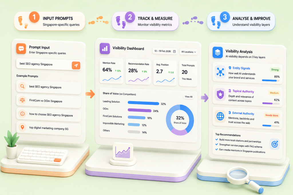 3D workflow diagram showing prompt testing, tracking dashboard and AI visibility analysis