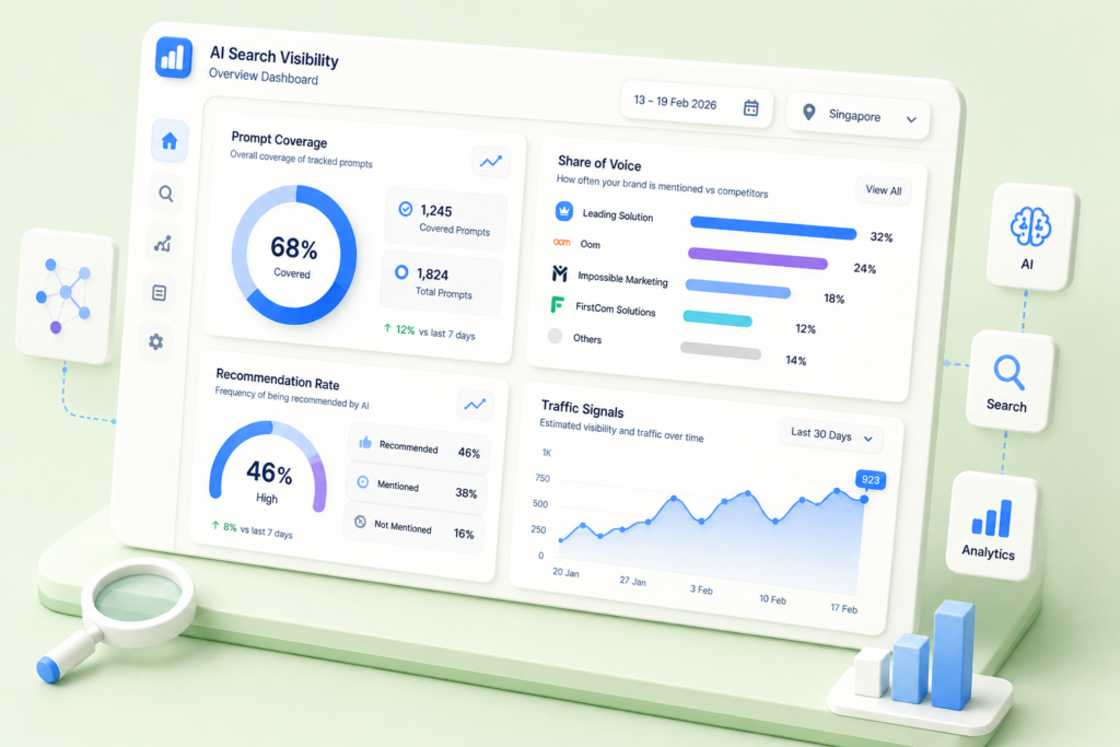 3D analytics dashboard showing AI visibility metrics like prompt coverage and share of voice