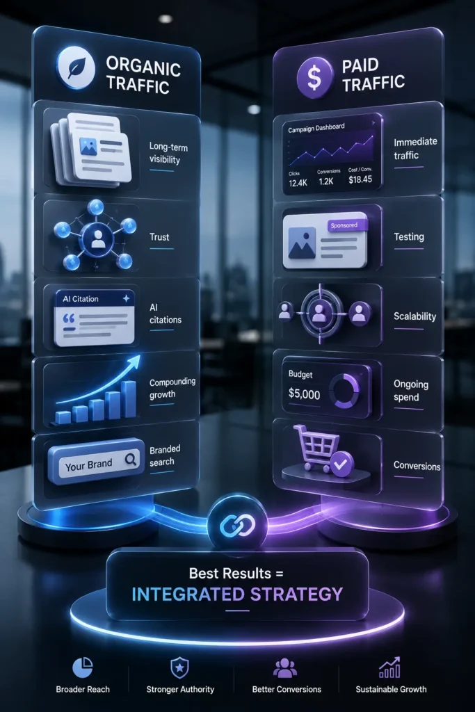 Enterprise-style infographic showing AI Overviews surfacing multiple brands while only a few users continue to click through to websites.
