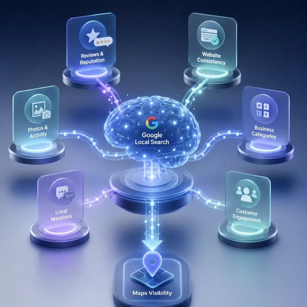 3D infographic showing Google Local Search analysing business categories, reviews, website consistency, customer engagement, local mentions and business activity to determine Google Maps visibility.