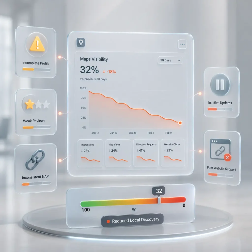 3D dashboard illustrating declining Google Maps visibility caused by incomplete business profiles, weak reviews, inconsistent business information, inactive updates and poor website support.