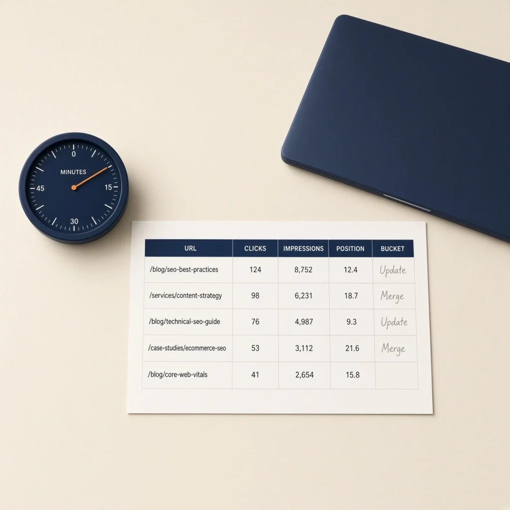 Square desk photo of a cream notebook timed at 90 minutes beside a printed Search Console export with a fifth column headed Bucket.