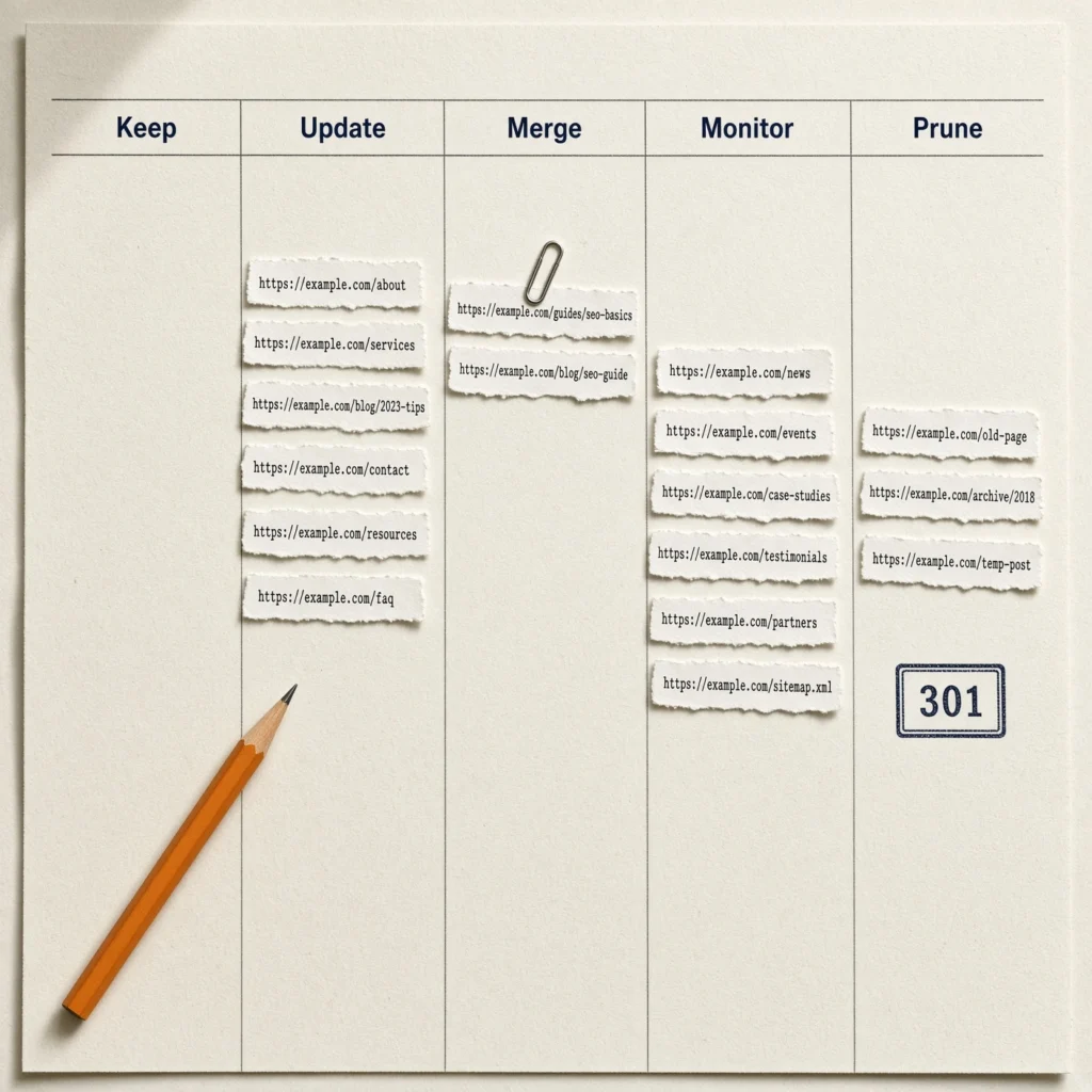 Five labelled columns on a printed audit sheet — Keep, Update, Merge, Monitor, Prune — with most slips in Update and Monitor.
