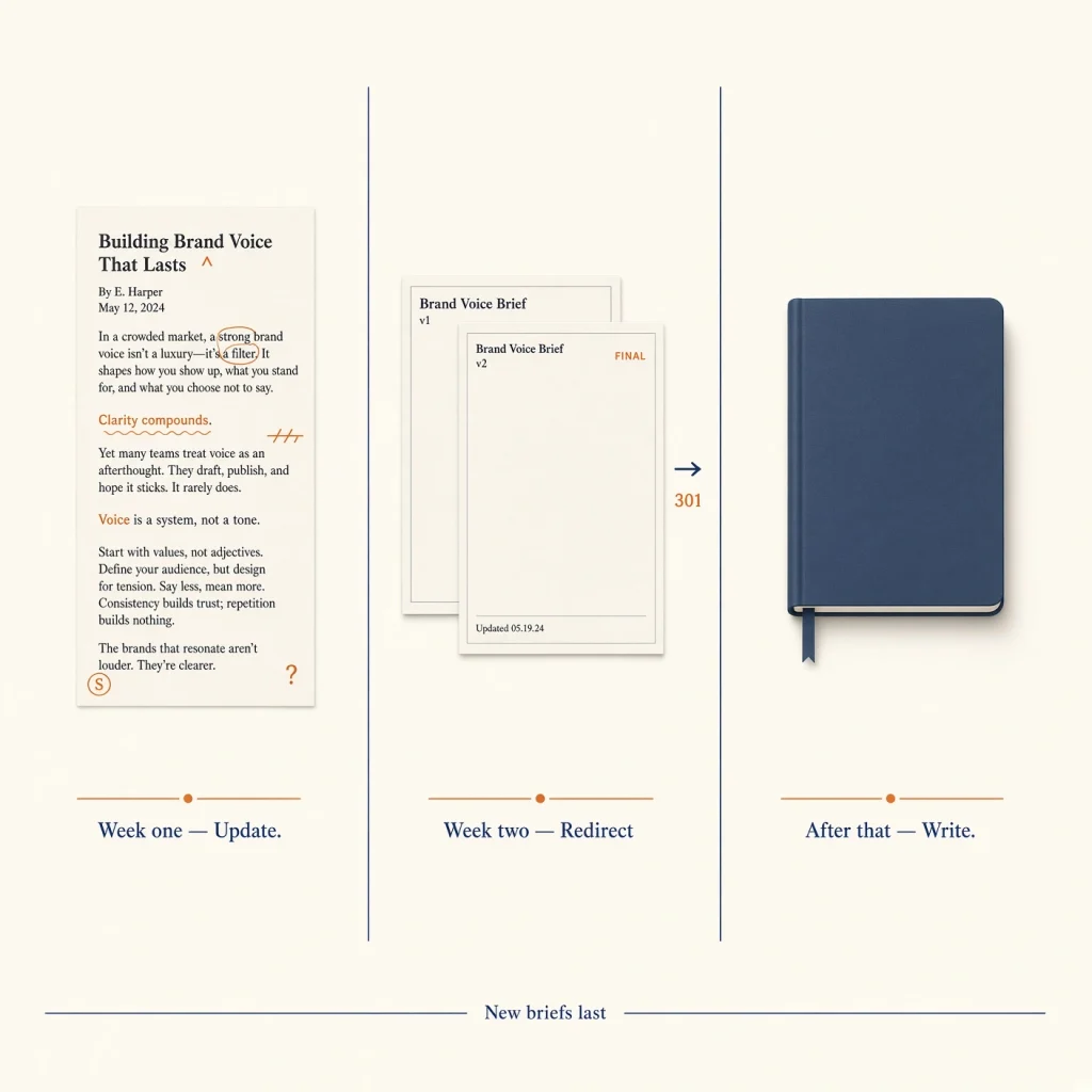 Three panels labelled Week one, Week two and After that, showing a refreshed page, a 301 arrow, and a closed notebook.