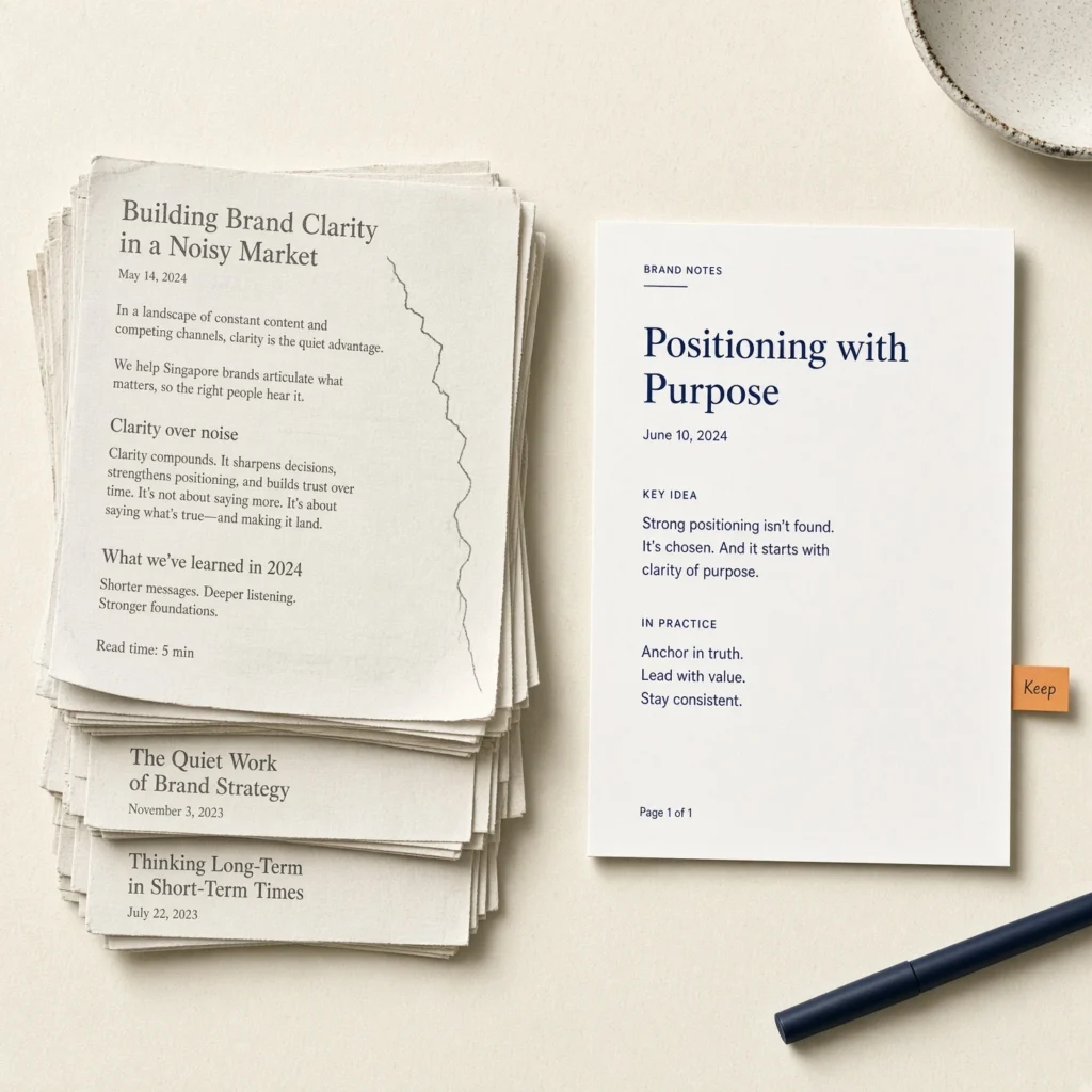 Square illustration of a cream desk with a stack of faded Singapore SME blog printouts losing colour, next to one sharp navy-and-orange page marked Keep.