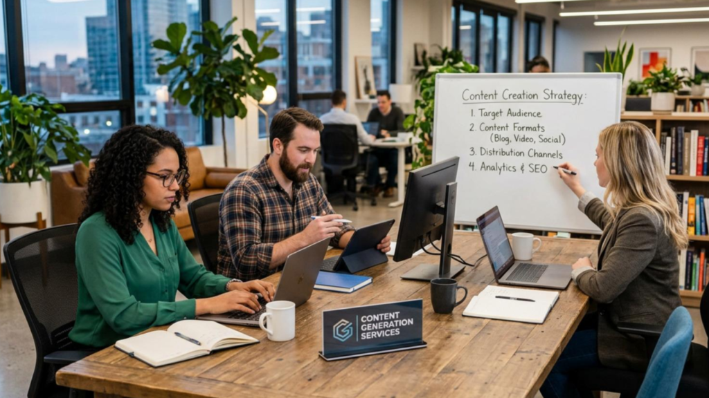 Team designing content creation strategy