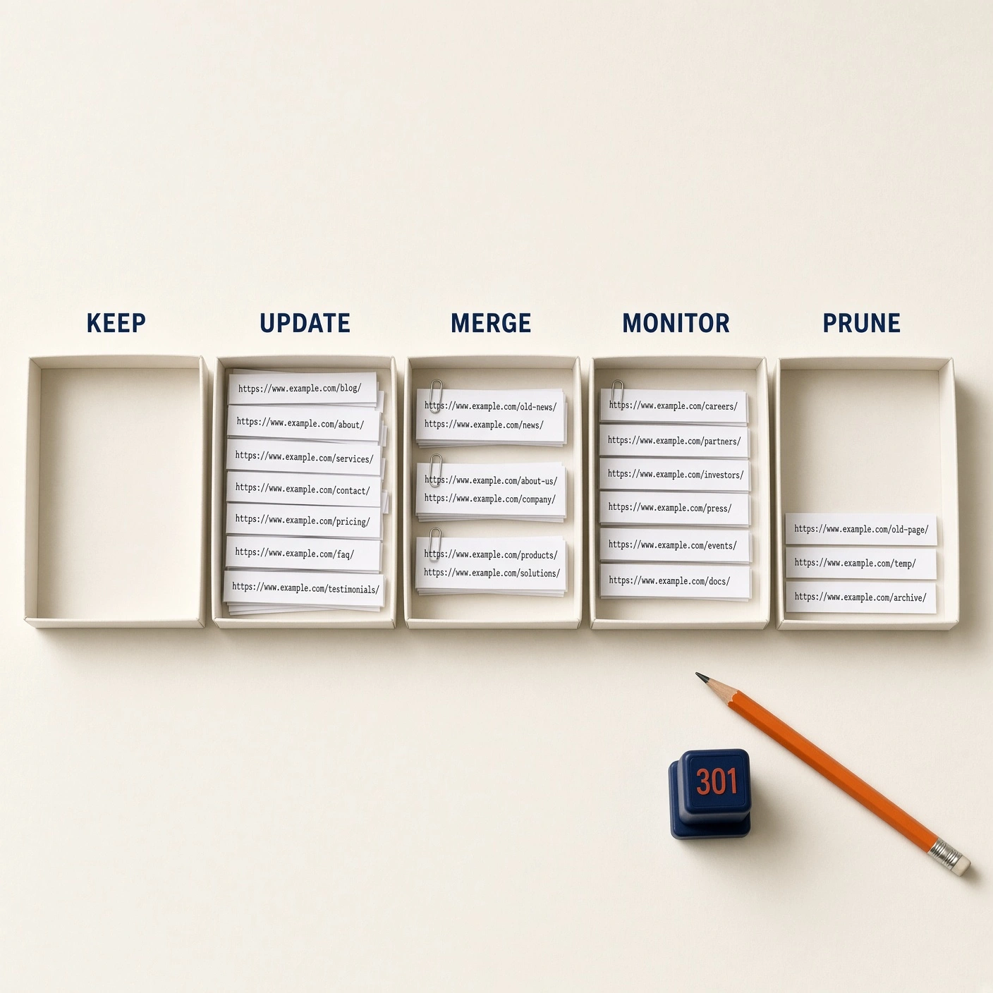 Five labelled trays on a cream board: Keep, Update, Merge, Monitor, Prune, with a few printed URLs sorted into Update, Merge and Monitor.