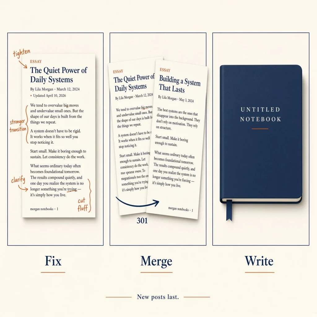Three-step sequence from left to right: a page being edited, two pages clipped into one with a 301 mark, then a blank brief left until last.