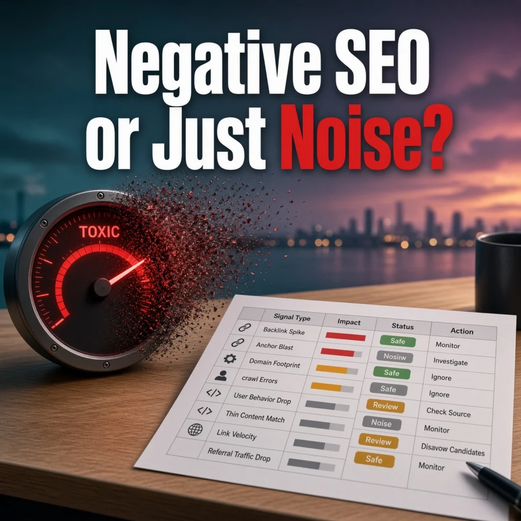 Red toxic-score gauge fading beside a calm labelled backlink spreadsheet on a desk