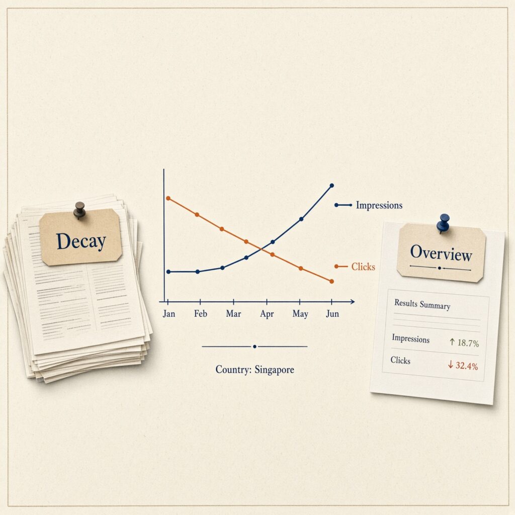 Square illustration of a Search Console-style chart filtered to Singapore: impressions holding while clicks fall, with two labels — Decay and Overview.