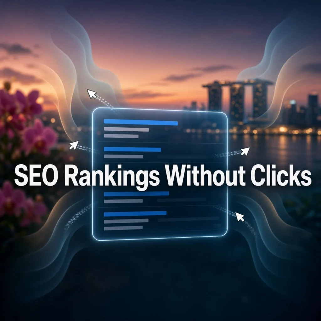 Featured image with the title SEO Rankings Without Clicks over a glowing search panel and missed click cursors