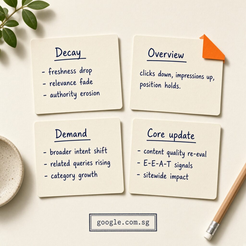 Four printed diagnosis cards: decay, AI Overview click loss, demand drop, and core update, with the Overview card marked in orange.