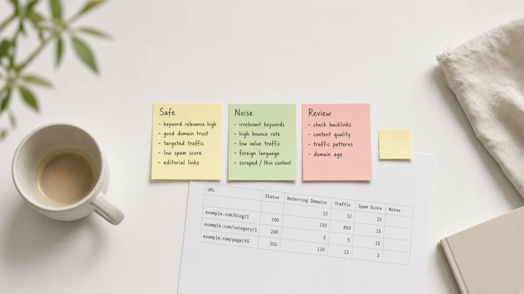 Minimal desk photo of four labelled sticky notes: Safe, Noise, Review, Disavow