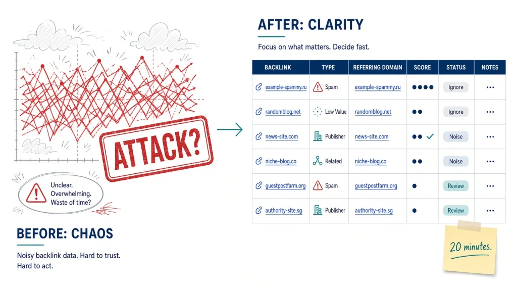 Split scene of a scary red backlink chart versus a simple labelled spreadsheet marked ignore