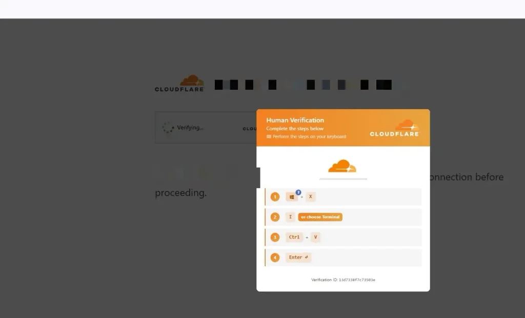 Fake Cloudflare human verification popup telling Windows users to press Win+X, I, Ctrl+V and Enter