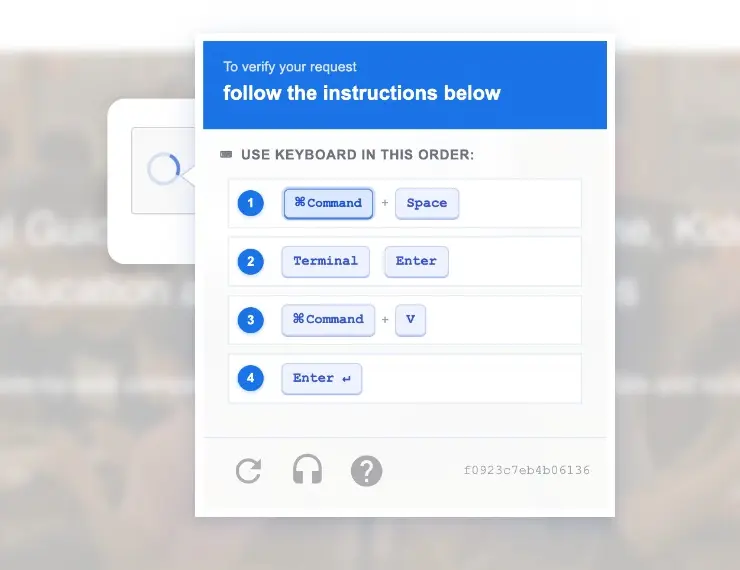 Fake keyboard verification popup covering a blurred WordPress site, asking Mac users to open Terminal