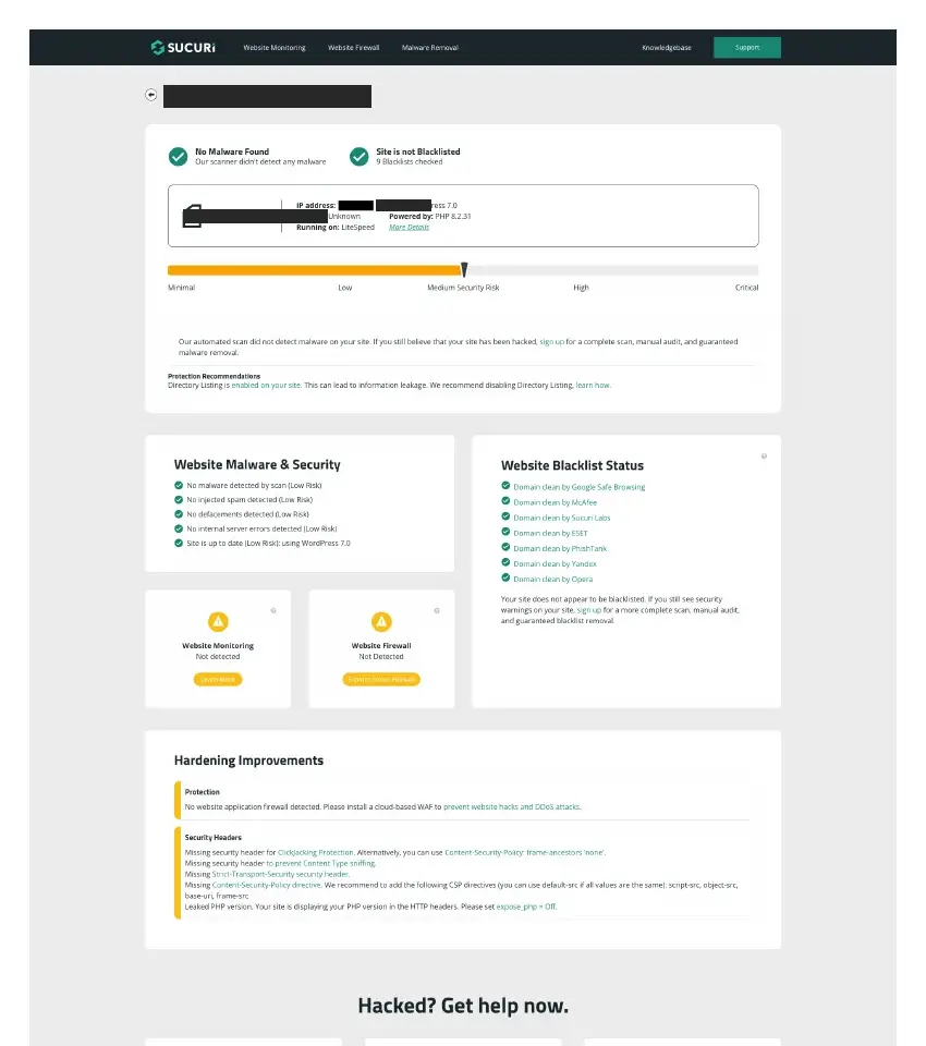 Sucuri SiteCheck scan showing the connection closed during cleanup, with firewall and security header recommendations