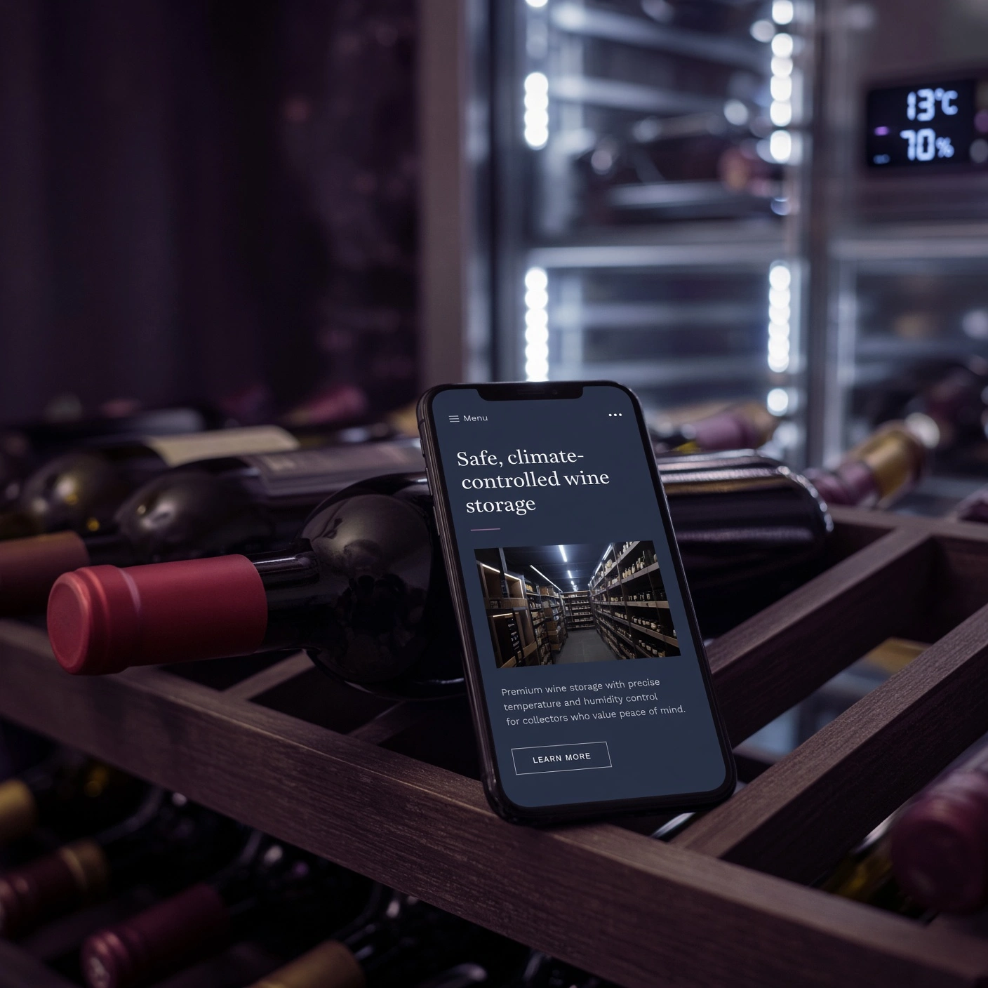 Smartphone showing a wine storage website, leaning on racked wine bottles inside a climate-controlled storage room