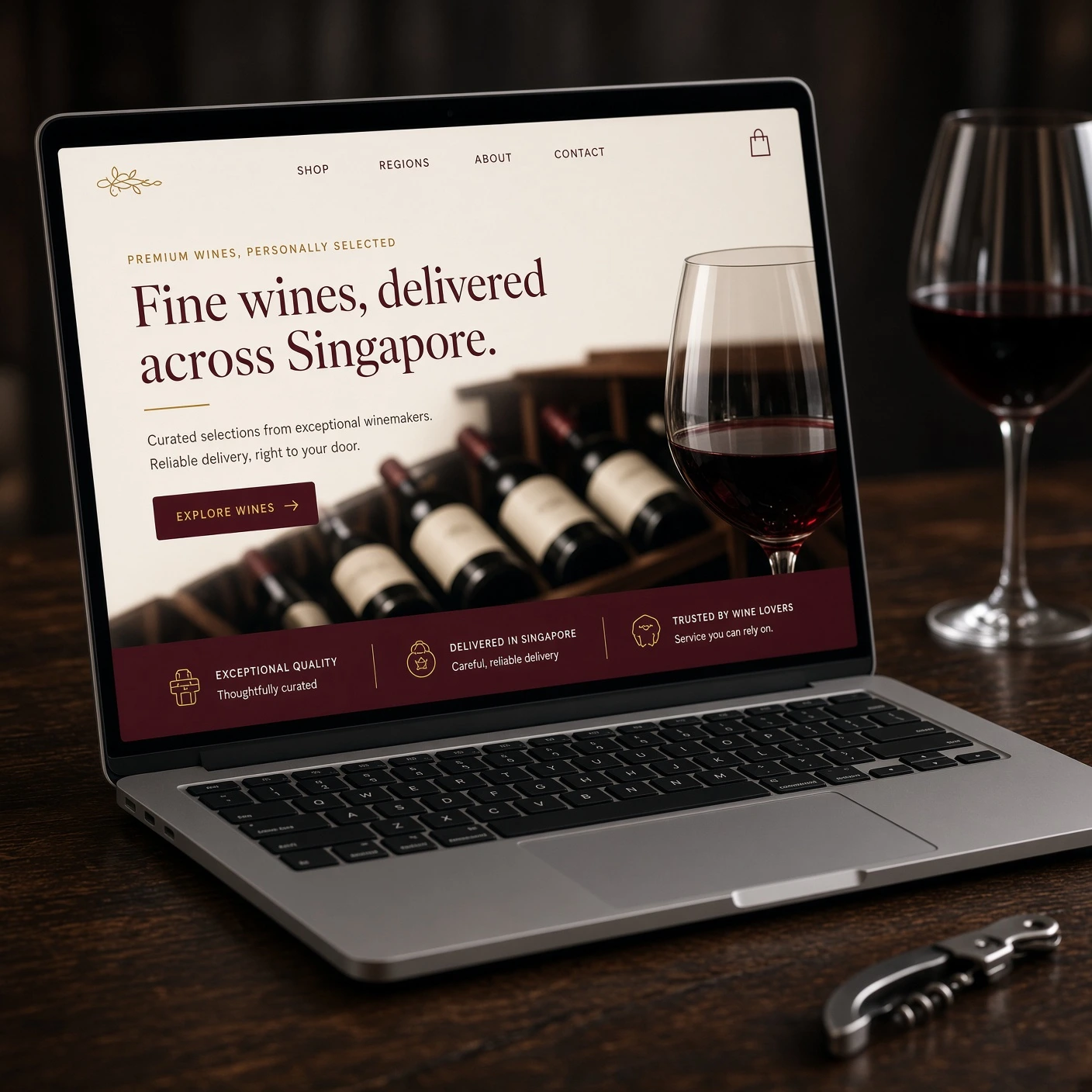 Close-up of a laptop showing a Singapore wine supplier website beside a glass of red wine