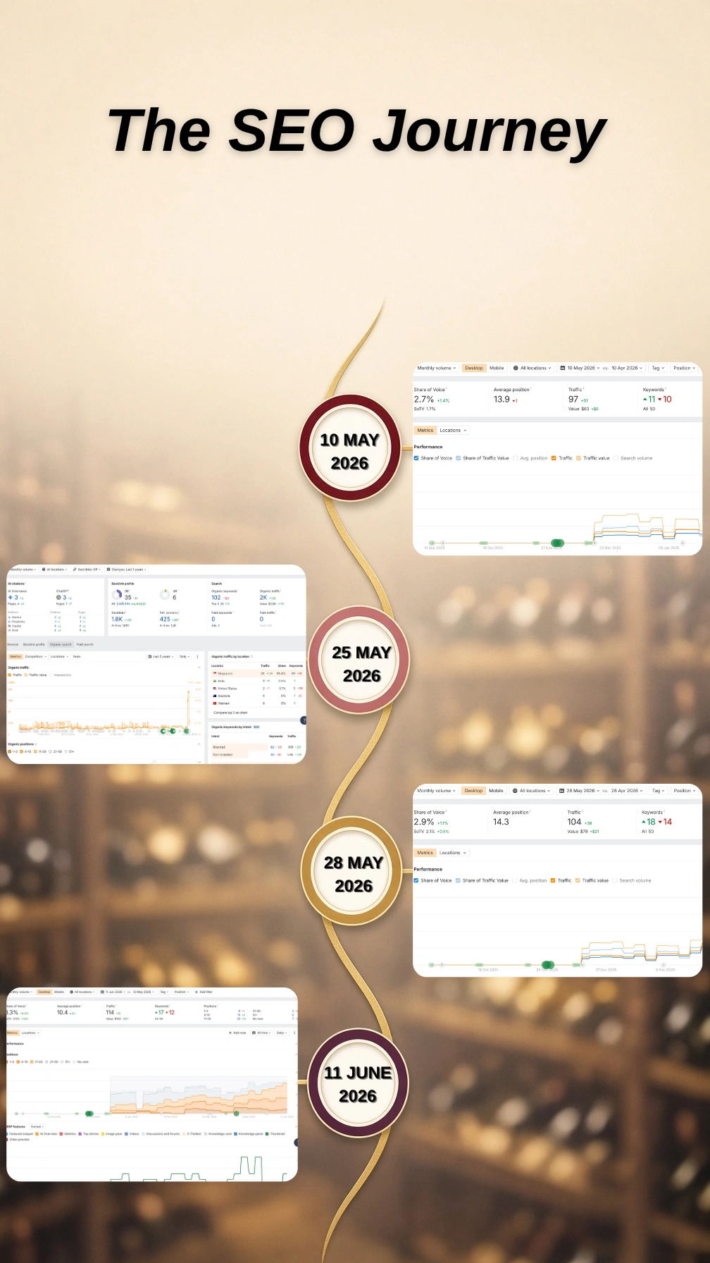 Timeline of Ahrefs snapshots for a Singapore wine supplier from 10 May to 11 June 2026, showing authority growth, AI citations and a #1 ranking