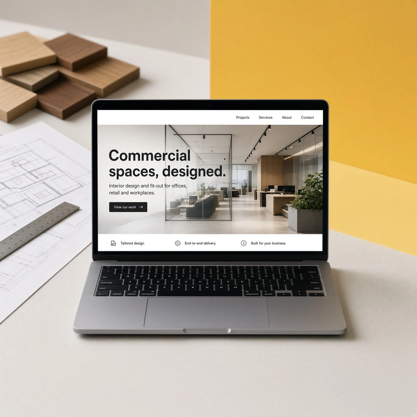 Laptop showing a commercial interior design studio website, on a desk with architectural drawings and a yellow backdrop.