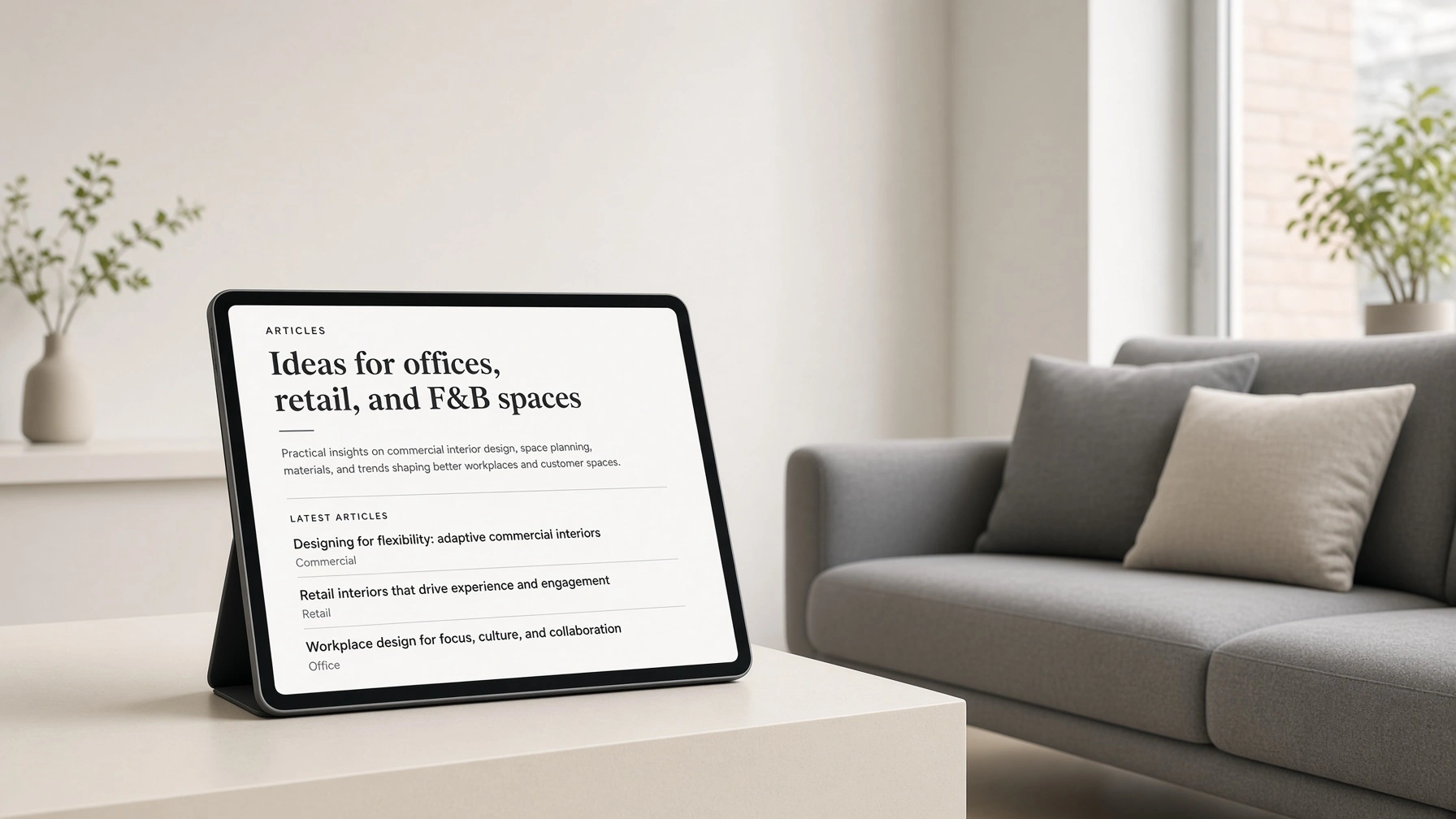 Tablet showing interior design articles about offices, retail, and F&B spaces, beside a modern lounge sofa.