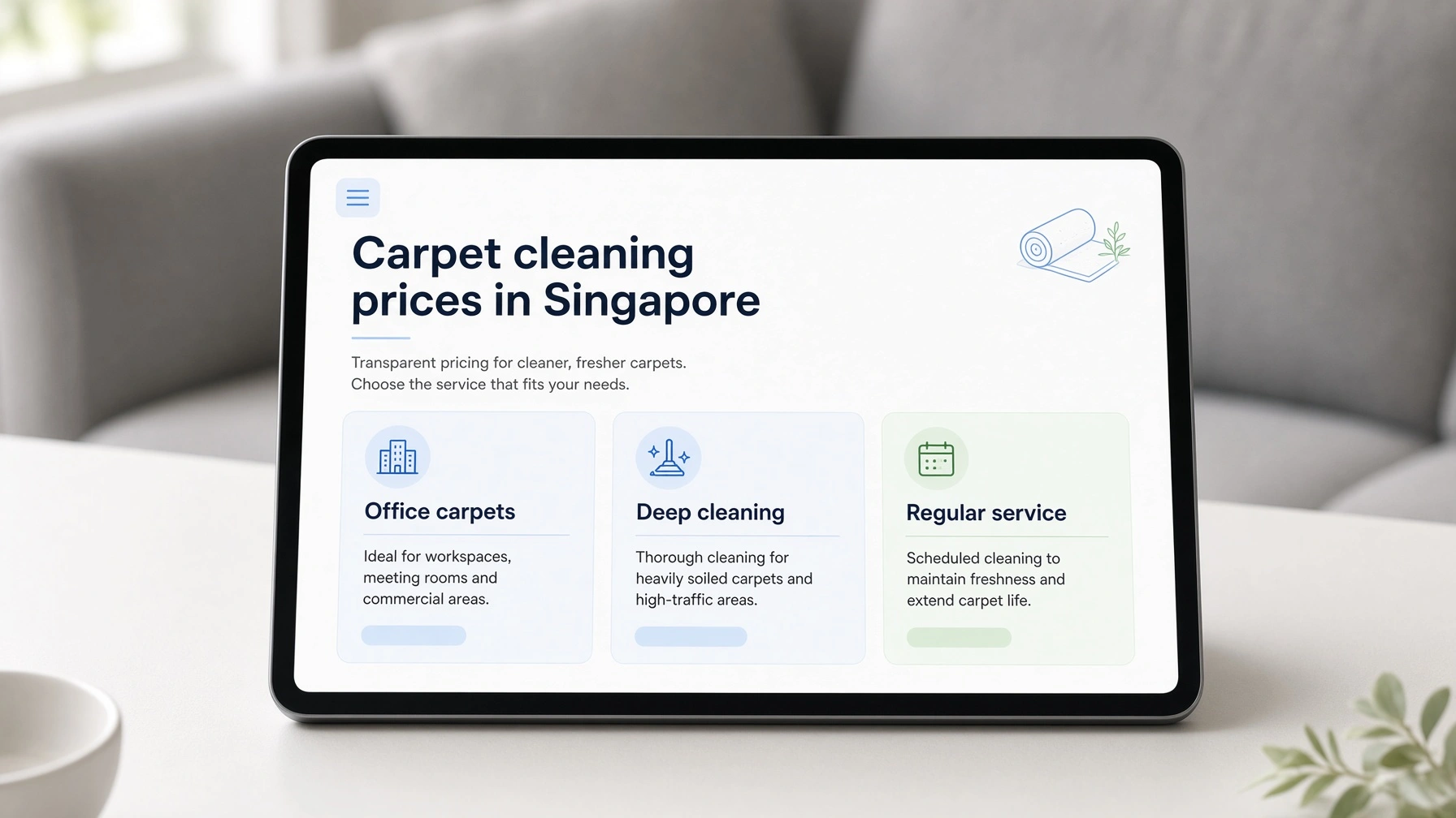 Tablet showing a Singapore carpet cleaning price guide beside a modern lounge sofa