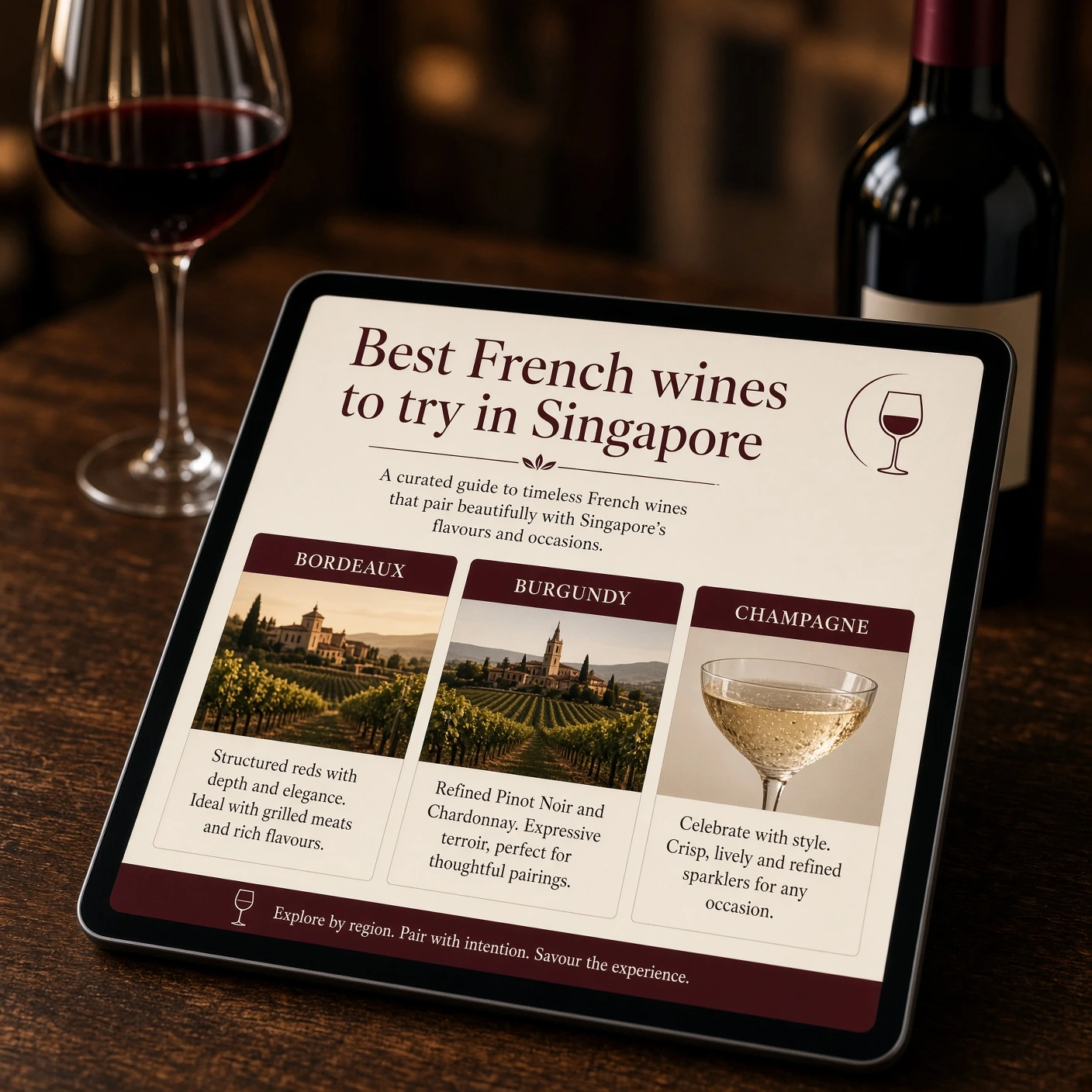 Tablet showing a French wine guide for Singapore buyers on a wooden table with a wine glass