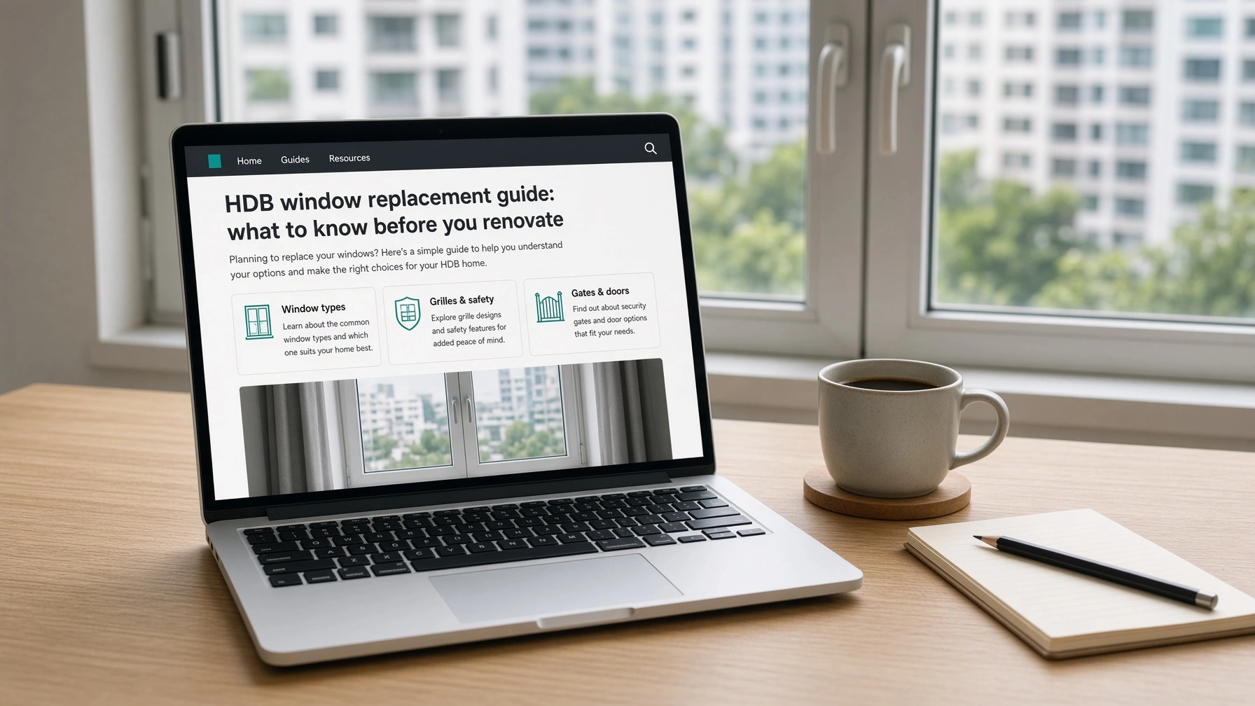 Open laptop on a desk showing an HDB window replacement guide, with an aluminium window behind it