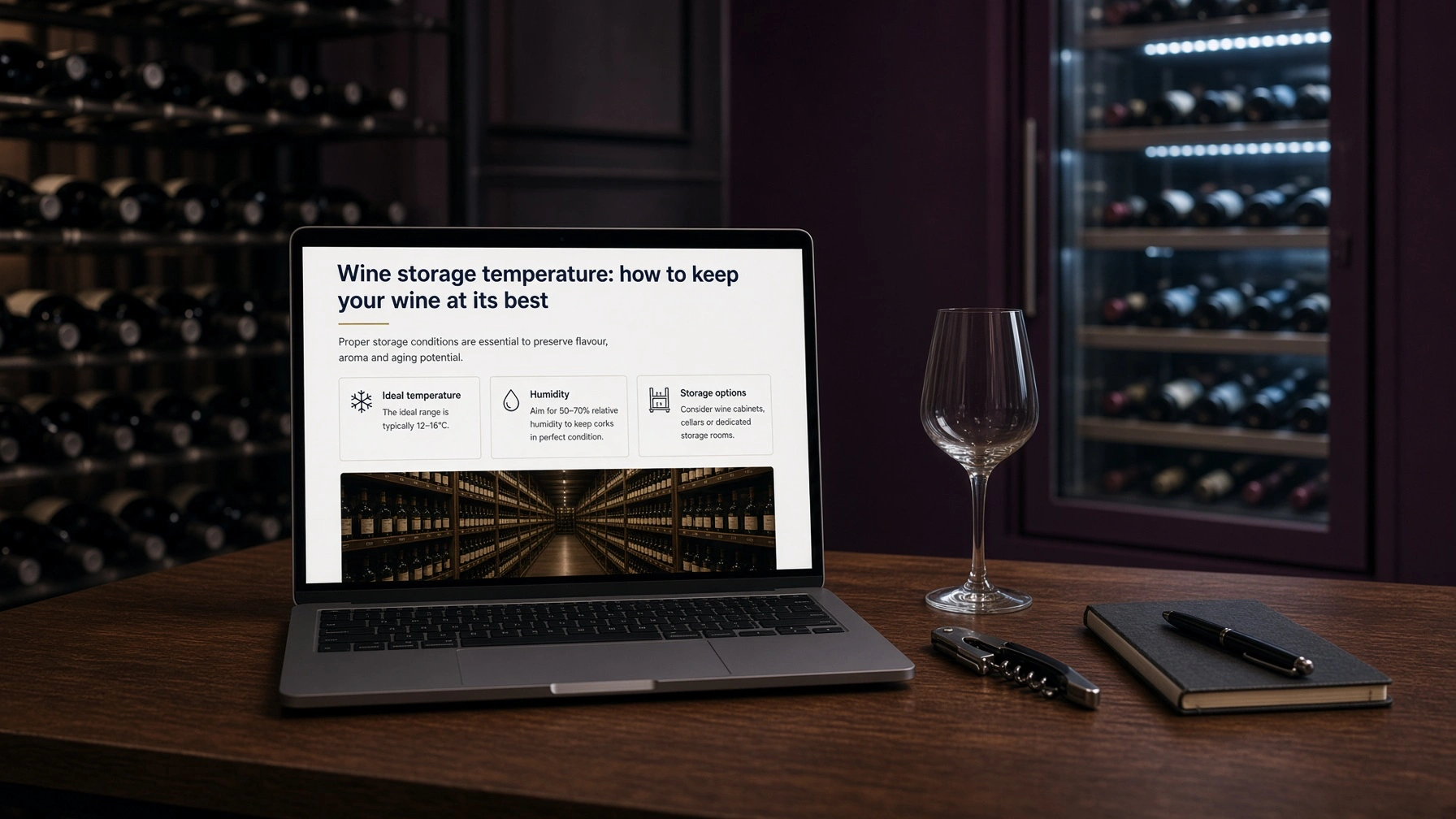 Laptop showing a wine storage temperature guide on a desk in a wine storage lounge, with racked bottles behind