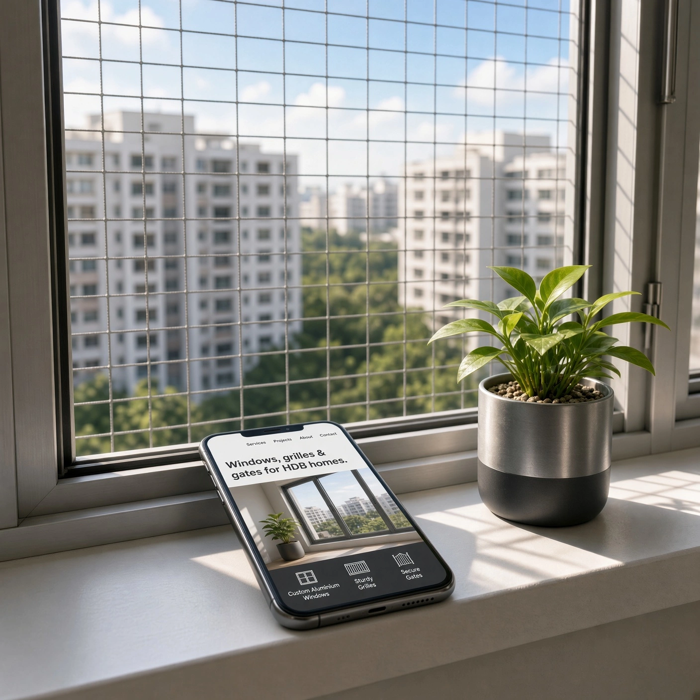 Smartphone on an HDB window ledge showing an aluminium window and gate supplier website, with a new aluminium window behind it