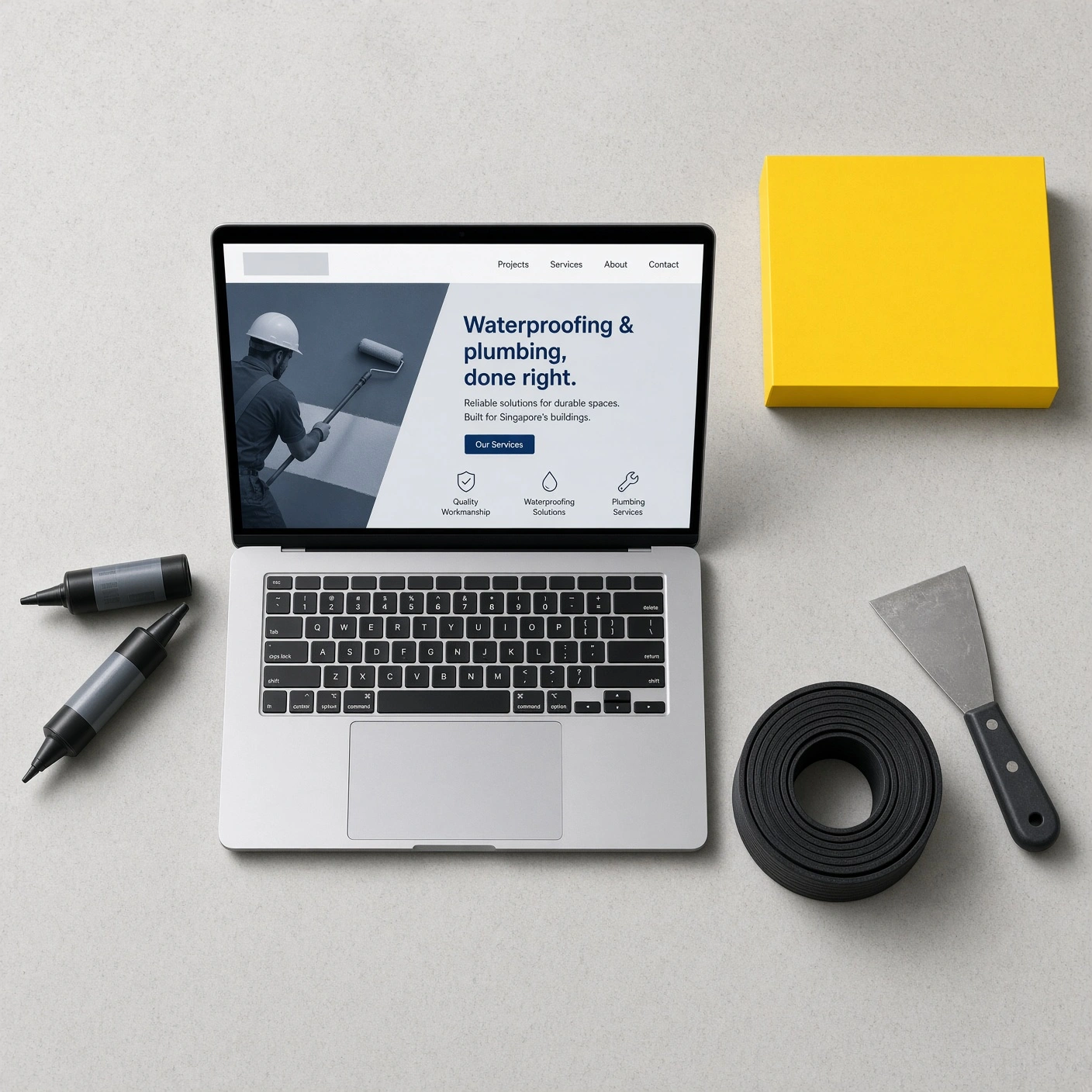Laptop showing a Singapore waterproofing and plumbing contractor website on a desk with membrane and tools