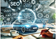 Person taking notes at a desk with a digital representation of a car surrounded by SEO-related terms like keyword research, competitor analysis, and SERP analysis, symbolizing automotive SEO strategies.