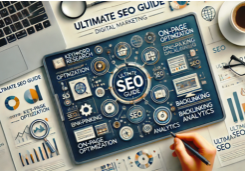 A visually detailed infographic showcasing various SEO concepts like keyword research, on-page optimisation, backlinking, and analytics, with a central title, 'Ultimate SEO Guide.'