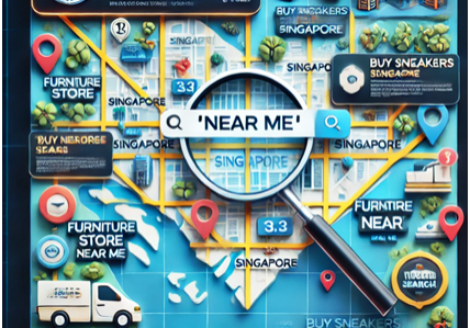 A visual map depicting a 'Buy Near Me Singapore' search query showcases local store icons, furniture and sneakers locations, and interactive search elements on a map layout.