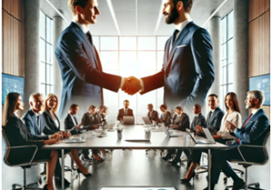 B2B team meeting scene with two suited professionals shaking hands in a modern conference room, surrounded by colleagues and documents, symbolising partnership and corporate collaboration.