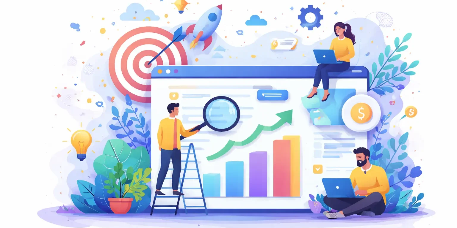 a decorative image showing people searching for keywords with a magnifier