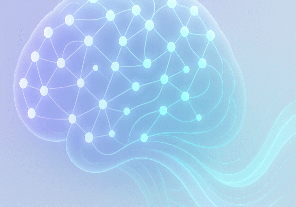 3D digital brain with interconnected nodes and flowing data streams, symbolizing AI-driven search optimization in soft pastel colors like lavender, mint green, and pale blue.