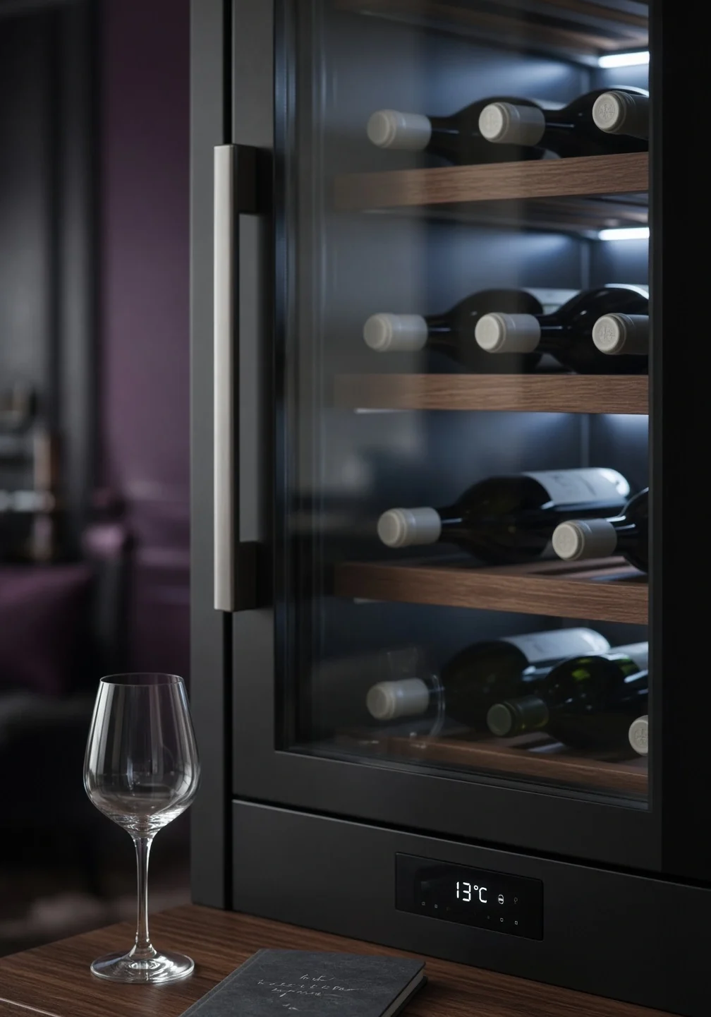 Glass-door, temperature-controlled wine cabinet with racked bottles and a wine glass on the ledge