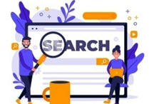 Illustration of two people searching on a large screen with the word 'SEARCH' magnified, representing digital search or SEO optimization.