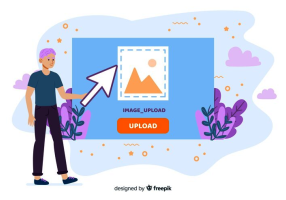 "Illustration of a person with purple hair pointing to an image upload icon on a screen, ready to upload a picture. The scene is decorated with plants and clouds in the background."