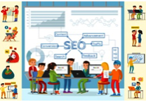 Illustration of a team working on SEO strategies with laptops, showcasing elements like content, keywords, backlinks, and analytics.