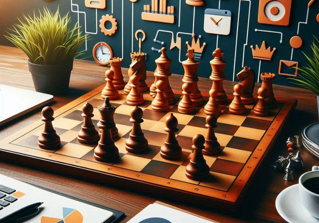 digital marketing strategies around a chessboard, origami minimalistic