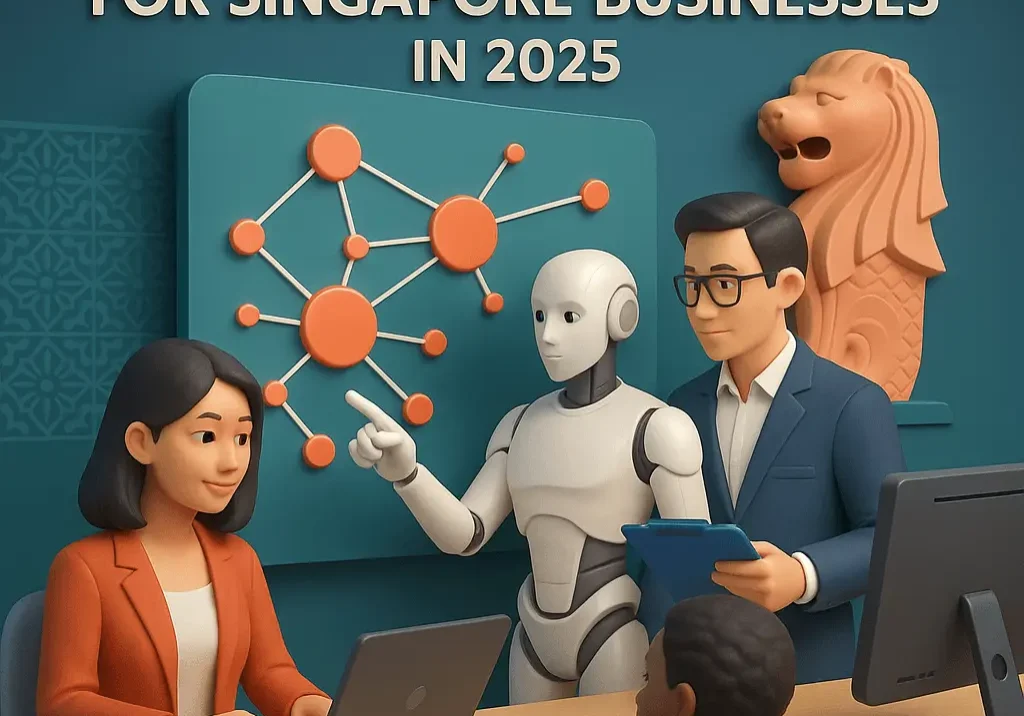 A robot showing an AI backlinks strategy in front of a business team